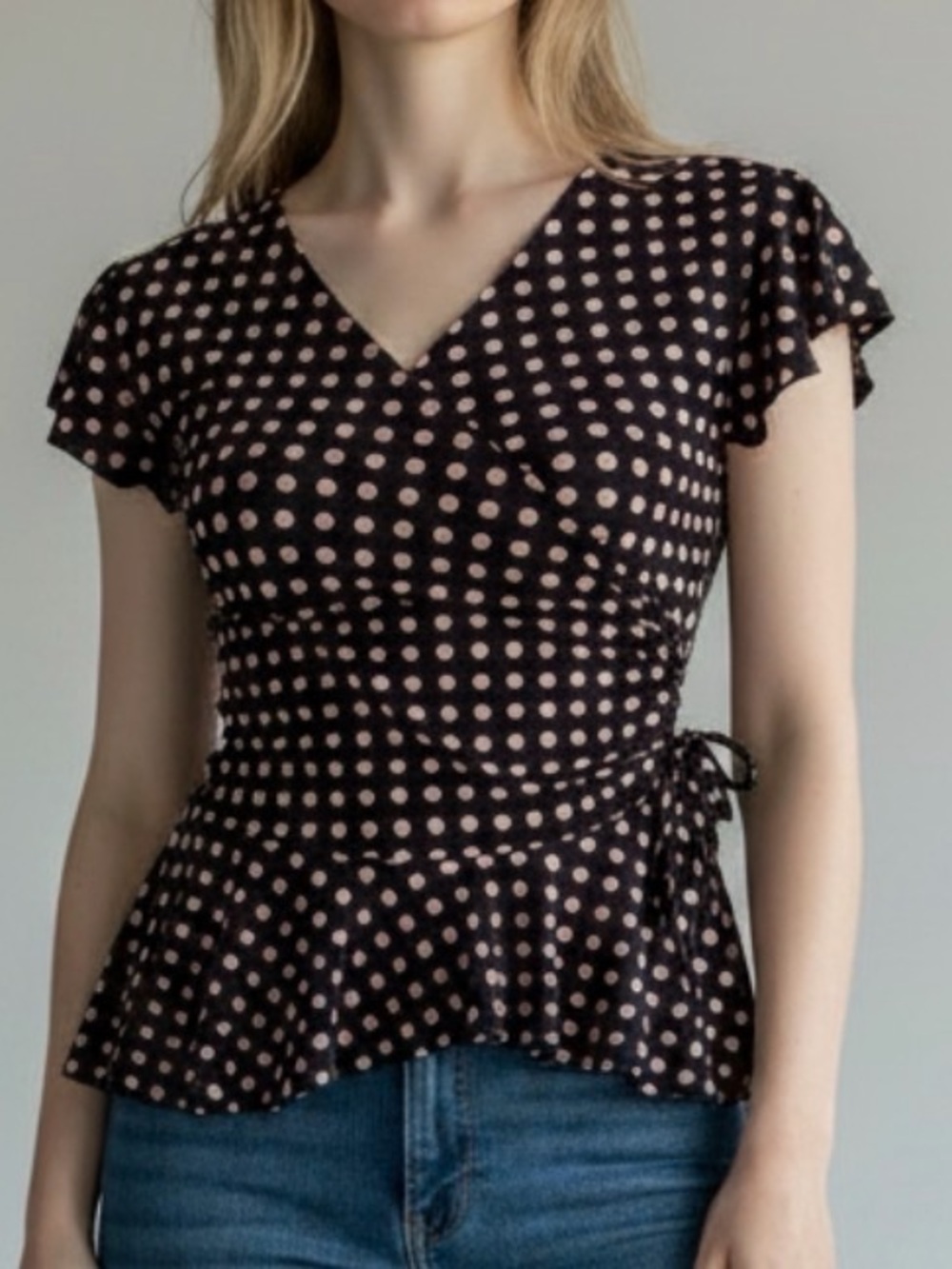 Polka Dot Faux Wrap Peplum Top